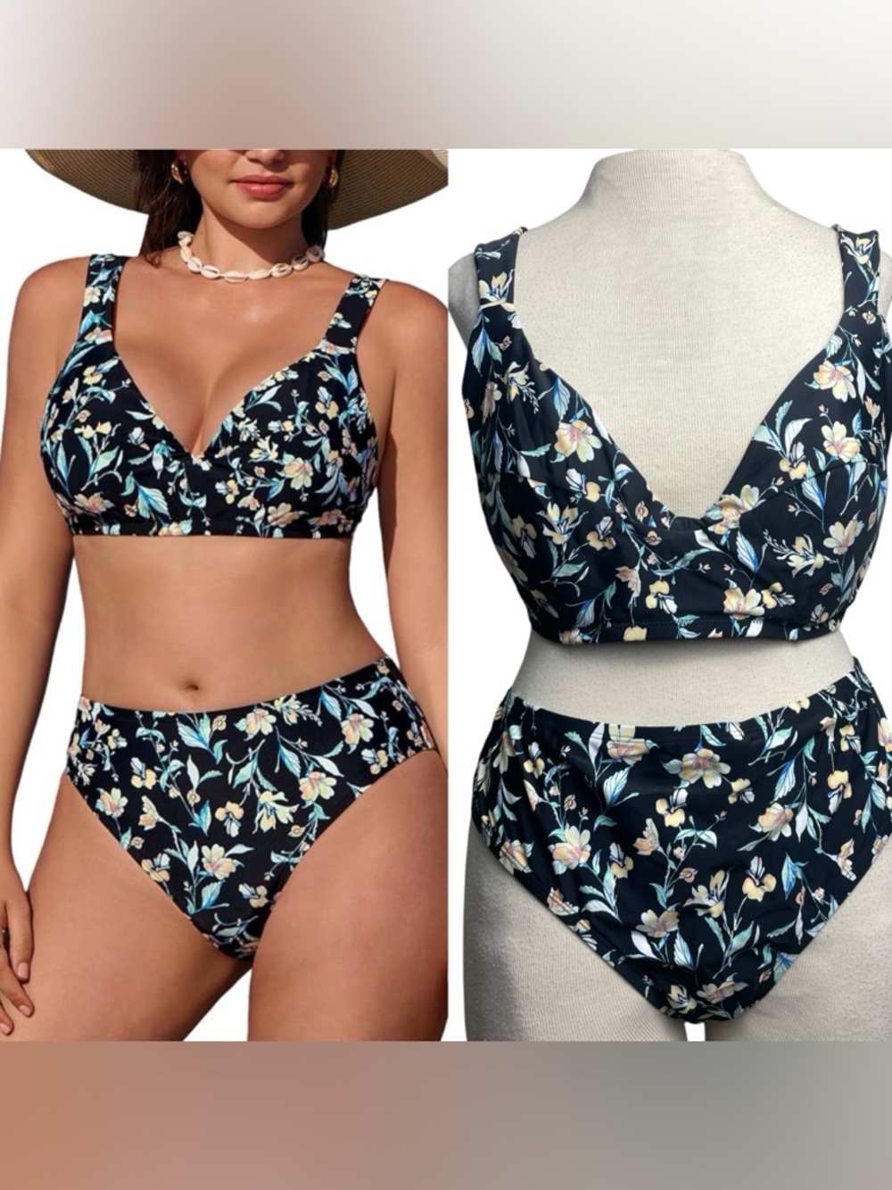 Cupshe Black Floral V-Neck High-Waist Bikini - Cream & Light Blue Flowers